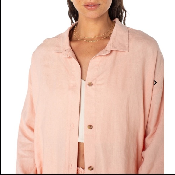 Roxy Women's Morning Time Gauze Linen Pink Button-Up Shirt Sz Large - Picture 7 of 12